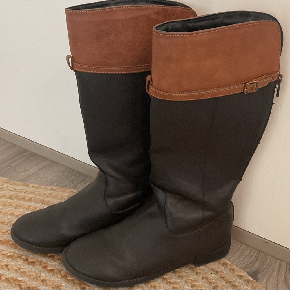 “PLACE “ Black and Brown Flat 14 inch High Riding Boots with back Zipper .